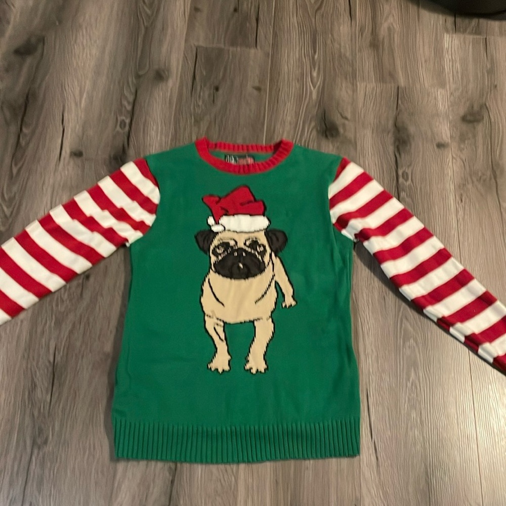 Ugly Christmas Sweater, green with red and white sleeves - pug puppy, size M